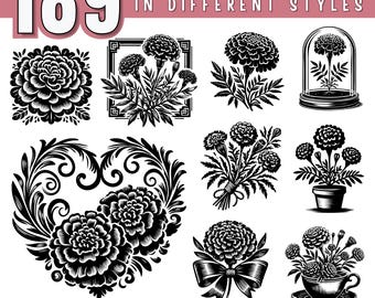 Marigold Flower svg bundle, October Birth Month Flower svg, Flower clipart for cricut, Marigold Bouquet Flower cut files, Commercial use