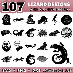 Può includere: Una collezione di 107 disegni di lucertole in bianco e nero, con varie pose e stili. L'immagine include il testo "Lizard Designs" e "Wide Variety Designs". Formati SVG, PNG e DXF per uso commerciale.