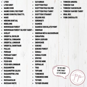 May include: A list of cat breeds in alphabetical order, with a note at the bottom that reads "Did we miss something? Let us know!"