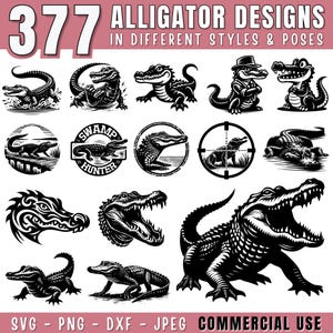 May include: A collection of 377 alligator designs in various styles and poses. The black and white illustrations include alligators in different positions, some with hats and in circles. The text includes "ALLIGATOR DESIGNS" and "COMMERCIAL USE".