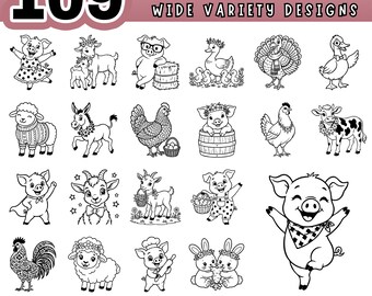 Vintage Farm Animals Clipart Bundle, 109 PNG SVG PDF, Rustic Barnyard Graphics for Cricut, Laser Cut Wood Signs, Country Kitchen Decor