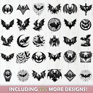 K&ouml;nnte beinhalten: Eine Sammlung schwarzer Fledermaus-Designs in verschiedenen Stilen, darunter Flederm&auml;use mit ausgebreiteten Fl&uuml;geln, Flederm&auml;use in Kreisen und Flederm&auml;use mit Hexenhut. Der Text "INCLUDING 306 MORE DESIGNS!" ist enthalten.