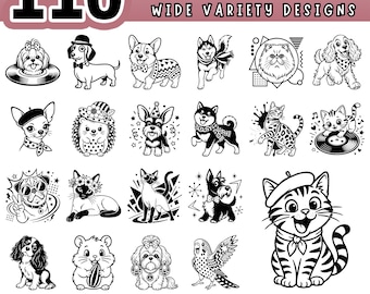 Retro Pop Art Pets SVG Bundle, 110 Funny Animal Designs, 90s Vintage Cartoon Clipart for Cricut, Laser Cut PDF, T-Shirt Print, Digital file