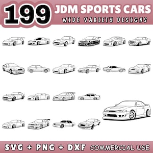Puede incluir: Dibujos lineales en blanco y negro de 199 coches deportivos JDM con varios diseños. La imagen incluye el texto "JDM SPORTS CARS" y "WIDE VARIETY DESIGNS". La parte inferior de la imagen muestra "SVG + PNG + DXF COMMERCIAL USE".