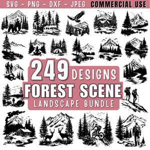 May include: A collection of 249 black and white forest scene designs. The designs include mountains, trees, cabins, animals, and people. The text "249 Designs Forest Scene Landscape Bundle" is displayed in a pink rectangle.