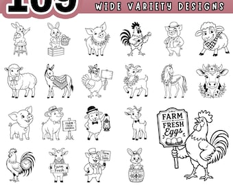 Farm Animals SVG Clipart Bundle, 109 Cute Barnyard Graphics, PNG PDF for Cricut, Laser Cut Wood Signs, Tractor Market Stencils