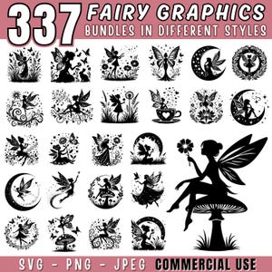 Può includere: Una collezione di 337 grafiche di fate in bianco e nero in vari stili. Le immagini includono fate con ali, fiori, lune e farfalle. Il testo in basso recita "SVG - PNG - JPEG COMMERCIAL USE."