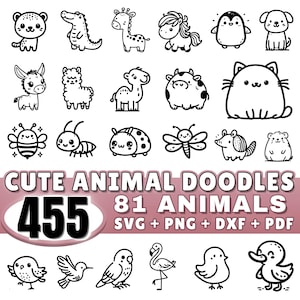 May include: A collection of black and white animal doodles, such as a bear, crocodile, and giraffe. The image features the text "CUTE ANIMAL DOODLES", along with the numbers "455" and "81 ANIMALS", and file type information.