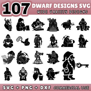 May include: A collection of 107 dwarf designs in SVG, PNG, and DXF formats. The black and white illustrations depict various dwarves with beards, tools, and accessories. The text "WIDE VARIETY DESIGNS" is displayed.