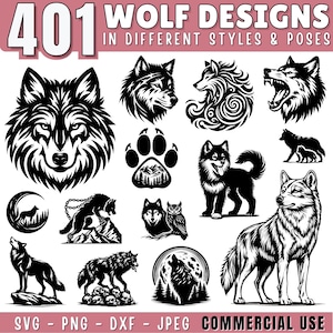 Wolf designs SVG bundle, Howling wolf svg, Wolf and moon svg, Forest animals silhouette svg, Wolf files for clipart & Laser, Commercial use