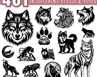 Paquete SVG de diseños de lobo, lobo aullando en SVG, lobo y luna en SVG, silueta de animales del bosque en SVG, archivos de lobo para clipart y láser, uso comercial