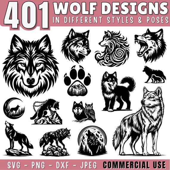 Wolf designs SVG bundle, Howling wolf svg, Wolf and moon svg, Forest animals silhouette svg, Wolf files for clipart & Laser, Commercial use
