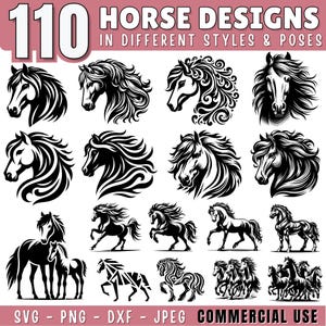 Op de afbeelding: Een verzameling van 110 zwart-witte paardendesigns in verschillende stijlen en poses. De ontwerpen zijn perfect voor knutselen, scrapbooking en andere creatieve projecten.  SVG-, PNG-, DXF- en JPEG-bestanden zijn inbegrepen.  Commerciële  gebruik is toegestaan.