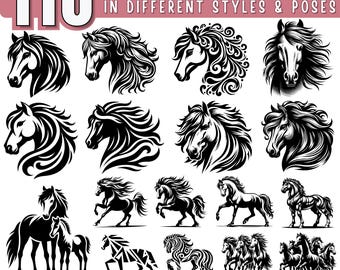 Paquete SVG de caballo, imágenes prediseñadas de caballo para Cricut y archivo de corte, silueta de caballo, cabeza de caballo, ilustración de caballo SVG, caballo PNG DXF, uso comercial