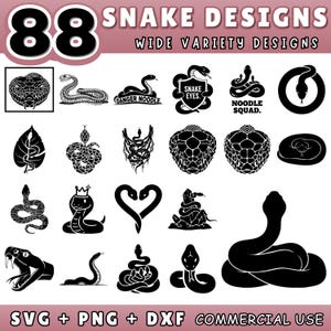May include: A collection of 88 snake designs in black and white, including various poses and styles. Text includes "SNAKE DESIGNS", "WIDE VARIETY DESIGNS", "DANGER NOODLE", "SNAKE EYES", and "NOODLE SQUAD". The image also includes "SVG + PNG + DXF COMMERCIAL USE".