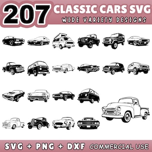 May include: A collection of 207 classic car SVG designs in black and white. The image features various car models, including sedans, vans, trucks, and sports cars. The text "CLASSIC CARS SVG" and "WIDE VARIETY DESIGNS" are displayed at the top.