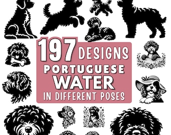 Op de afbeelding: Een verzameling van 197 ontwerpen van Portugese Waterhonden in verschillende poses, weergegeven in zwart-wit. De afbeelding bevat de tekst "SVG - PNG - DXF - JPEG COMMERCIAL USE" en "197 DESIGNS PORTUGUESE WATER IN DIFFERENT POSES."