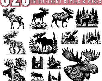 Moose Designs SVG Bundle,  Moose Clipart, Forest Animals svg, Wilderness Moose Svg, Moose Nature Scene Svg, Moose Silhouette, Commercial Use