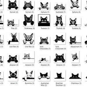 May include: Black and white illustrations of different cat breeds, each with a unique facial expression and pose. The illustrations are arranged in a grid format, with the breed name and number listed below each image.