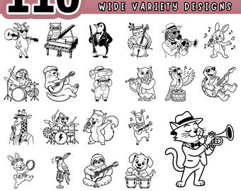 Vintage Animal Music Clipart Bundle, 110 Dancing Animals SVG PNG PDF, Retro Orchestra Graphics, Musician Cut Files for Cricut Glowforge