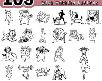 Fitness Pet SVG Bundle, Wellness Dog Cat Workout Clipart, Gym Animal Png, Active Pet PDF, Exercise Cricut Design, Digital download