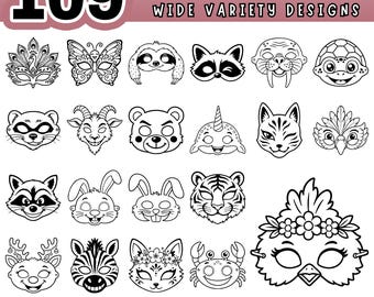 Animal Masks SVG Bundle, 109 Zoo Party Mask Vector for Cricut, Laser Cut Mask PDF, Paper Craft Templates, DIY Costume Png, Digital file