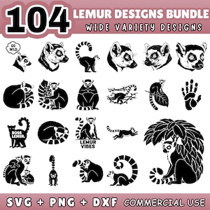 104 Lemur SVG-paket, Madagaskar-djursilhuetter, exotiska djurstenciler, ringstjärtade lemurposer, Cricut, Glowforge, kommersiellt bruk