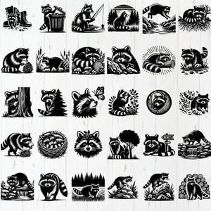 May include: A collection of 36 black and white illustrations featuring raccoons in various poses and settings. The raccoons are depicted in a variety of activities, including eating, playing, and sleeping. Some of the illustrations feature raccoons in nature, while others feature them in more urban settings.