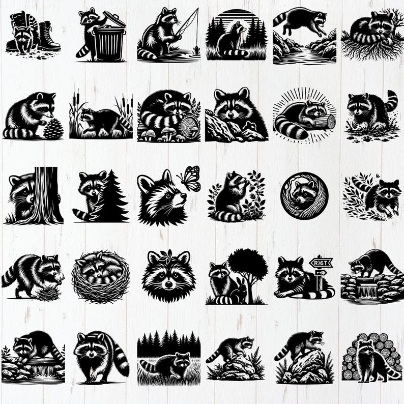 May include: A collection of 36 black and white illustrations featuring raccoons in various poses and settings. The raccoons are depicted in a variety of activities, including eating, playing, and sleeping. Some of the illustrations feature raccoons in nature, while others feature them in more urban settings.