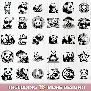 May include: A collection of black and white panda bear designs in various poses and settings. The image includes pandas with butterflies, flowers, and in nature scenes. Text at the bottom reads "INCLUDING 318 MORE DESIGNS!"