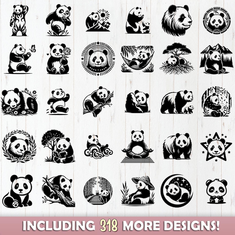 May include: A collection of black and white panda bear designs in various poses and settings. The image includes pandas with butterflies, flowers, and in nature scenes. Text at the bottom reads "INCLUDING 318 MORE DESIGNS!"