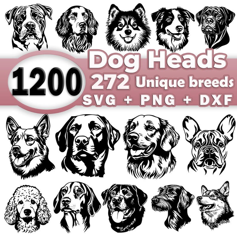Dog Heads SVG Bundle File, All Breeds Collection, Dog Clipart for Cricut | Laser Cut, High Quality Silhouette Graphics, png SVG DXF Vector image 1