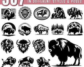 Paquete SVG de bisonte o búfalo / Clipart de bisonte salvaje / Granja de búfalos SVG / Silueta de búfalo PNG DXF jpeg para Cricut y láser / Uso comercial