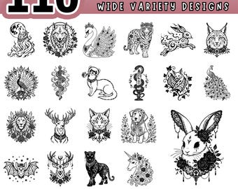 Gothic Animals SVG Bundle, Dark Fantasy Clipart, Mystical Creatures for Cricut, Silhouette Cameo, Laser Cutting Glowforge, Tattoo Style PNG