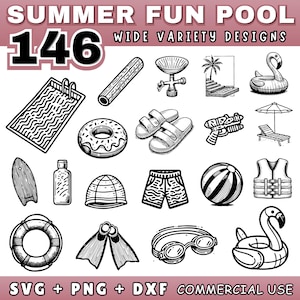 Peut inclure: Illustrations en noir et blanc d'articles sur le thème de l'été et de la piscine. L'image comprend une piscine, une bouée, un ballon de plage, des lunettes de natation et d'autres articles estivaux. Le texte en haut indique "SUMMER FUN POOL" et "WIDE VARIETY DESIGNS".