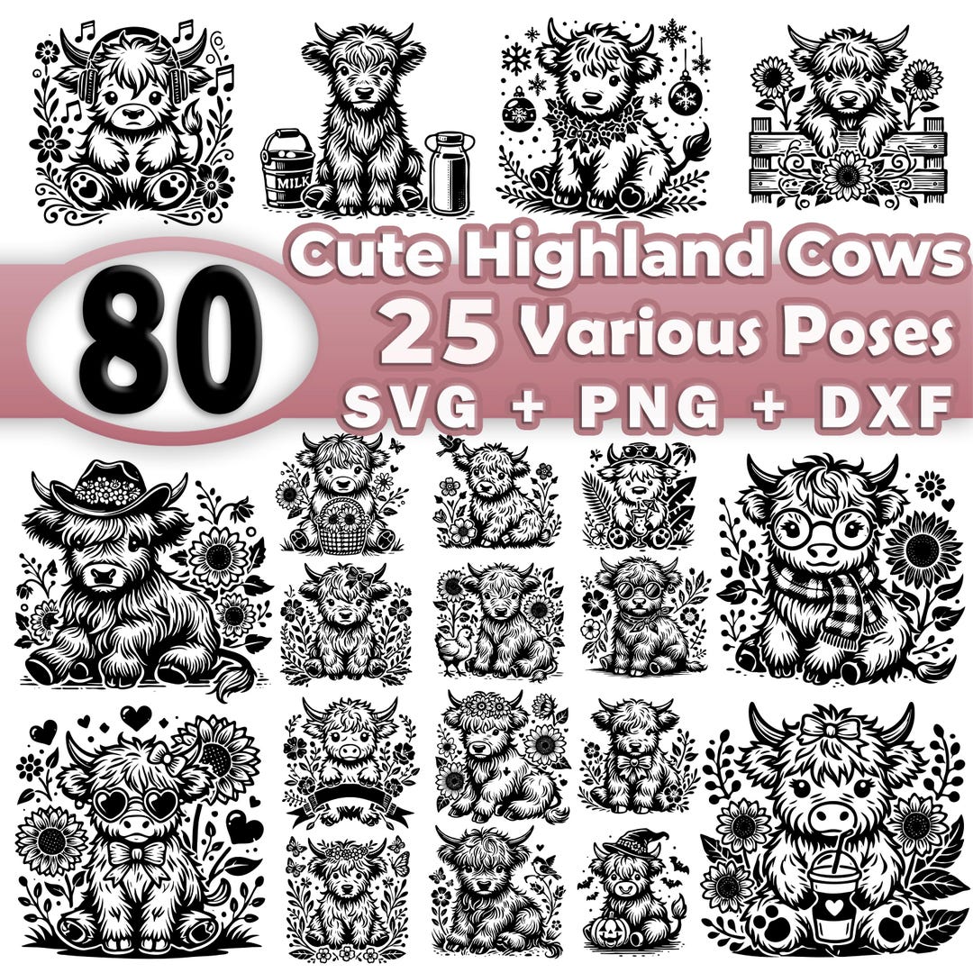 Cute Baby Highland Cow Svg Bundle File | Farm Cow Animals Illustration ...