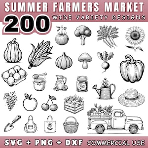 Könnte beinhalten: Schwarz-Weiß-Illustrationen verschiedener Artikel vom Sommerbauernmarkt, darunter Gemüse, Obst und ein Oldtimer-Truck. Der Text lautet "SUMMER FARMERS MARKET" und "200 WIDE VARIETY DESIGNS". Enthält SVG-, PNG- und DXF-Dateien.