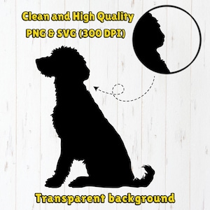 May include: Black silhouette of a dog sitting with its tail curled. The image has a transparent background.