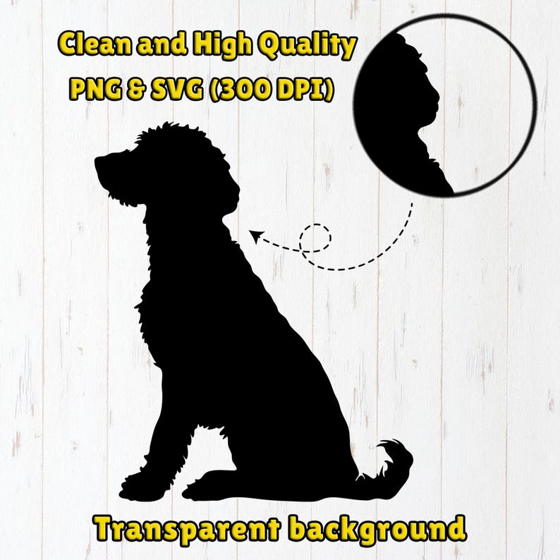 May include: Black silhouette of a dog sitting with its tail curled. The image has a transparent background.