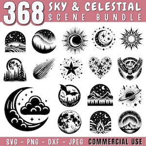 May include: A selection of 16 black and white celestial and sky-themed graphic designs. The designs include moons, stars, suns, and landscapes. The text "368 SKY & CELESTIAL SCENE BUNDLE" is at the top. The bottom text reads "SVG - PNG - DXF - JPEG COMMERCIAL USE".
