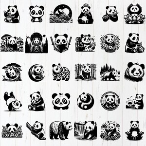 May include: A collection of black and white panda bear illustrations in various poses and settings. Some pandas are depicted with accessories like crowns, ninja masks, and musical instruments. The designs are suitable for stickers, prints, or other crafts.