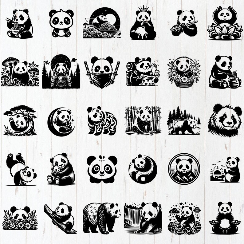 May include: A collection of black and white panda bear illustrations in various poses and settings. Some pandas are depicted with accessories like crowns, ninja masks, and musical instruments. The designs are suitable for stickers, prints, or other crafts.