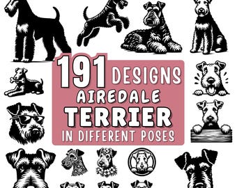 Airedaleterrier hund SVG-paket | Hund svg | Kikar & Silhuett Airedale Clipart | Hund PNG DXF jpeg för Cricut och Laser | Kommersiellt bruk
