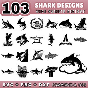 May include: A collection of 103 shark designs in black and white. The designs include various shark illustrations, some with text like "Shark Attack" and "Jaw-Ready." The image also includes the text "SVG + PNG + DXF COMMERCIAL USE."