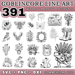 May include: Black and white line art illustrations with a goblin core theme. The image includes 391 designs of insects, plants, animals, and other nature-inspired elements. Text includes "Goblincore Line Art" and "Wide Variety Designs."