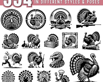 May include: A collection of 354 turkey designs in various styles and poses, rendered in black and white. The designs include turkeys in circles, crosshairs, and framed by text that says "Hunter". The image also includes the text "SVG - PNG - DXF - JPEG - COMMERCIAL USE".