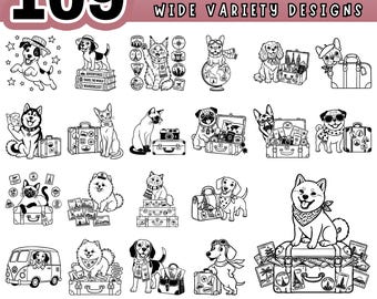 Vintage Pet Travel SVG Bundle, Dog Cat Airplane Car Clipart, Retro Travel Graphics PNG, Cricut Laser Cut Files PDF, Commercial Use