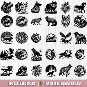 May include: A collection of 36 black and white wolf illustrations. The illustrations feature wolves in various poses, including howling, running, and standing. Some illustrations include additional elements, such as trees, mountains, and stars. The text "INCLUDING 341 MORE DESIGNS!" is at the bottom of the image.