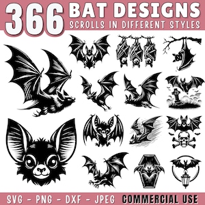 K&ouml;nnte beinhalten: Eine Sammlung von 366 Fledermaus-Designs in Schwarzwei&szlig;, die verschiedene Stile zeigen. Das Bild zeigt Flederm&auml;use im Flug, h&auml;ngend und stilisierte Illustrationen. Der Text oben lautet "BAT DESIGNS" und "SCROLLS IN DIFFERENT STYLES".