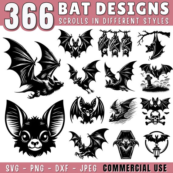 Bat SVG Bundle | Halloween Bat Silhouettes & Cute Bat Clipart | Cute Bat svg | PNG DXF jpeg Files for Cricut and Laser | Commercial Use